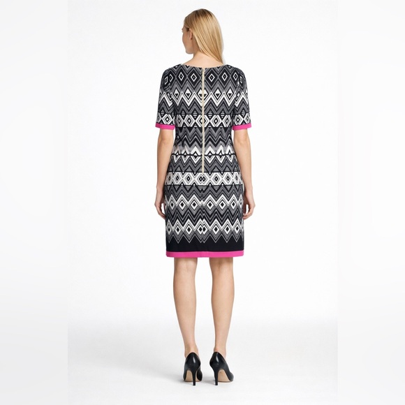 Eliza J Black White Geometric Shift Dress Pink Trim Size 10 Career Work Sheath - Picture 2 of 13